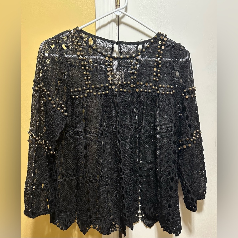 ANTHROPOLOGIE MAEVE AURALIS BLACK LACE EMBELLISHED TOP (XS)